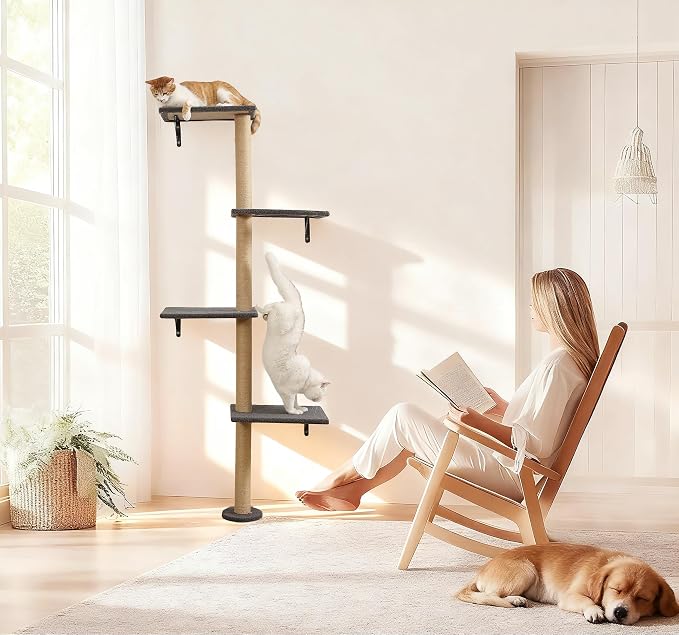 Cat Tree Wall Mounted,Tall Scratching Post for Indoor Cats Climbing Tower Activity Wood Cat Wall Furniture (Grey)