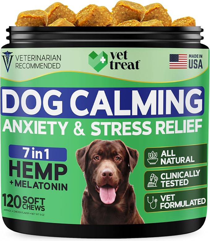 Hemp Calming Chews for Dogs – Dog Calming Chews & Anxiety Relief Treats with Melatonin–Stress Relief for Barking, Thunder, Fireworks, Travel & Separation Anxiety–Vet Formulated-Made in USA - 120 Chews