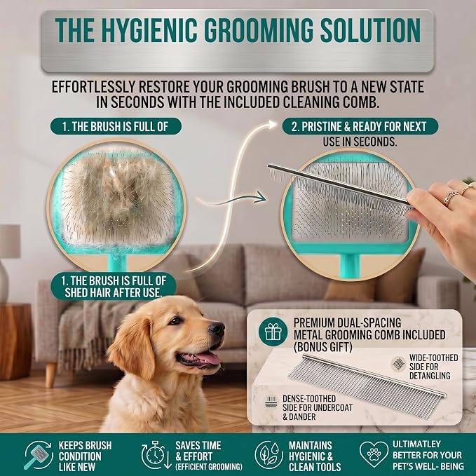 Large Slicker Brush for Dogs - 3-Piece Solid Wood Dog Grooming Kit for Doodles and Poodles - for Wavy, Curly & Matted Hair, Green