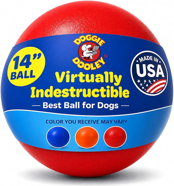 Doggie Dooley Virtually Indestructible Dog Ball - 14 Inch Hard Plastic Interactive Dog Toy for Large Breeds Over 75+ lbs - Built for Herding & Push Play - Floats in Water, Made in USA - Red