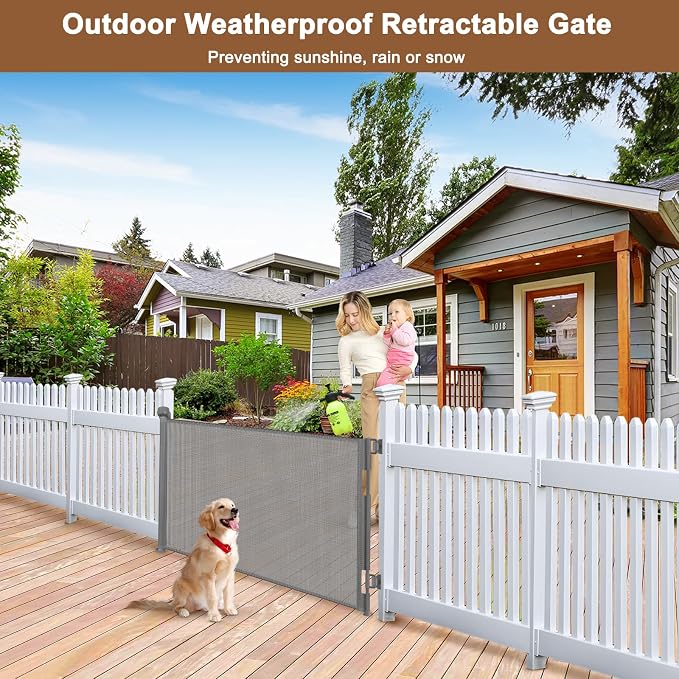 Weatherproof Outdoor Retractable Dog Gate for Deck with No Rust Stainless Steel Screws and Rods, 55" Wide Waterproof Retractable Baby Gates for Doorways, Safety Mesh Outdoor Dog Gate for Pet, Gray