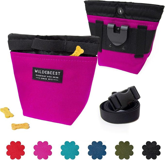 Wildebeest Dog Treat Pouch, Dog Treat Bag, Dog Training Treat Pouch, Dog Travel Bag, Pet Treat Pouch, Magnetic Closure, 2 Water-Resistant Compartments, Detachable Waist Strap & Belt Clip (Fuchsia)