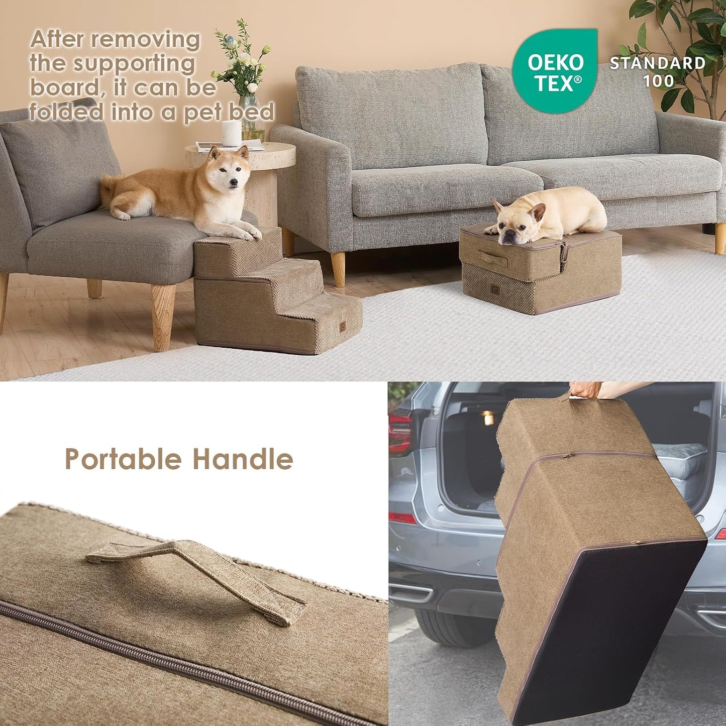 EHEYCIGA Dog Stairs for Small Dogs 13.5" H, 3-Step Dog Steps for Couch Sofa and Chair, Pet Steps for Medium Cats, Non-Slip Balanced Pet Ramp Indoor, Camel