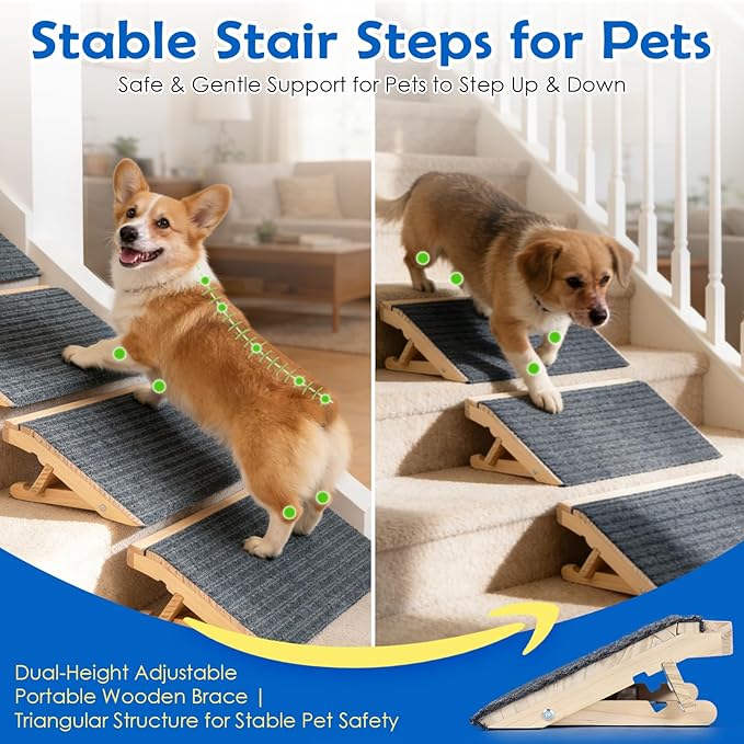 Adjustable Dog Ramp for Stairs, Foldable Wooden Dog Steps Anti-Slip | 3 Pack, Switch 4.3" or 5.5" Height, No Assembly, Gentle on Joints, for Senior & Injured Dogs, Natural Wood, 170 lbs
