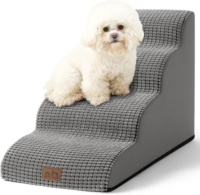 COZY KISS Dog Stairs for Small Dogs 19.7" H, Curved Dog Step for Puppy, Older or Cat, Medium Pet Ramp for Sofa, Couch or Bed, Ladder with High Density Foam, 4 Step, 15.7x28.3x19.7 inch, Dark Grey