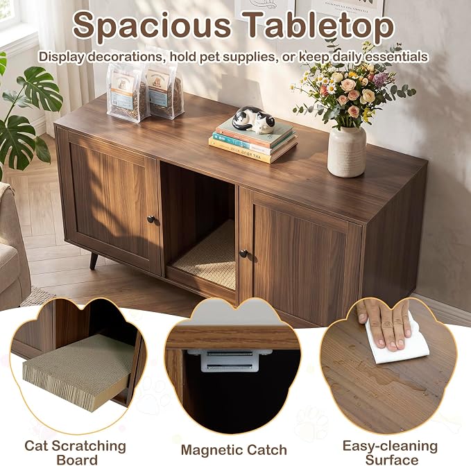 Tangkula Double Cat Litter Box Enclosure for 2 Cats, Large Stackable Hidden Privacy Cat Washroom Cabinet with Scratching Board, Indoor Cat House TV Stand Side Table, Litter Box Furniture (Brown)