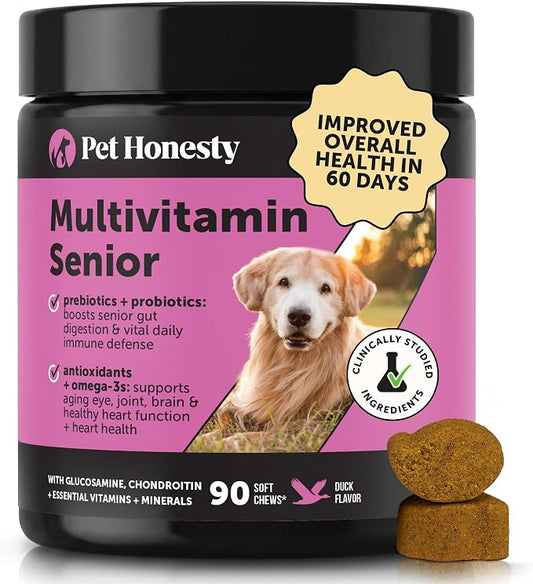 Senior Dog Multivitamin Supplement for Aging Dogs - Hip & Joint Stiffness, Eye Health, Brain & Heart Care - Older Dog Vitamins with Glucosamine & Probiotics - Immune Support & Vitality (Duck, 90 Ct)