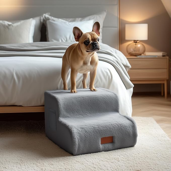 PETNOVO Dog Stairs for Couch and Sofa, 2-Step Dog Steps for Small Dogs, Faux Fur Non-Slip Foam Pet Stairs, Washable Cover, 15.7" D x 15.7" W x 11.8" H, Gray