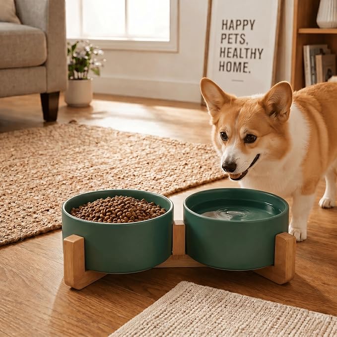 SPUNKYJUNKY Ceramic Dog and Cat Bowl with Wood Stand Non-Slip Matte Glaze Weighted Food Water Set for Cat Medium Dog 28.7 OZ