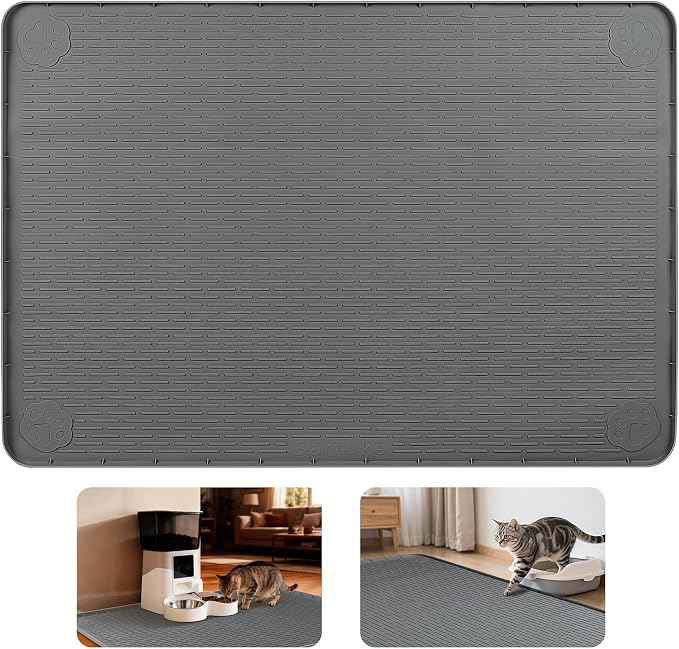 Cat Food Mat, 40" x 28" Cat Litter Mat Extra Large Silicone Pet Feeding Mat with Raised Edge Pet Placemat for Food and Water Bowl Non-Slip, Easy to Clean, Floor Protection (Dark Gray)