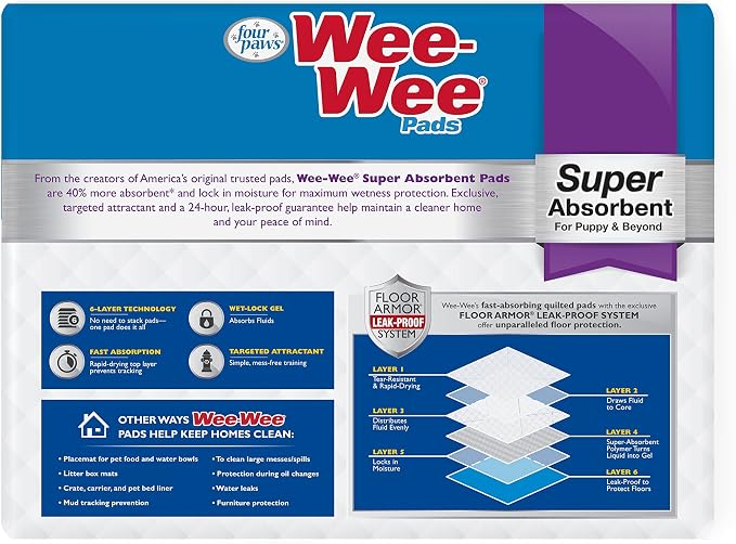 Four Paws Wee-Wee Super Absorbent Unscented Pee Pads for Dogs & Puppies with Insta-Rise Border, Leak-Proof Dog Housebreaking Potty Training Floor Protection, 24" x 24", 40 Count
