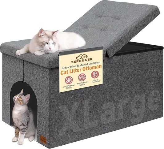 Zerbuger Cat Litter Box Enclosure Furniture for Odor Control, Hidden Cabinet Cats Litter Ottoman with Flip-Up Lid,Cat Litter Box Bench with Storage Space, Dog Proof(Grey, X-Large)