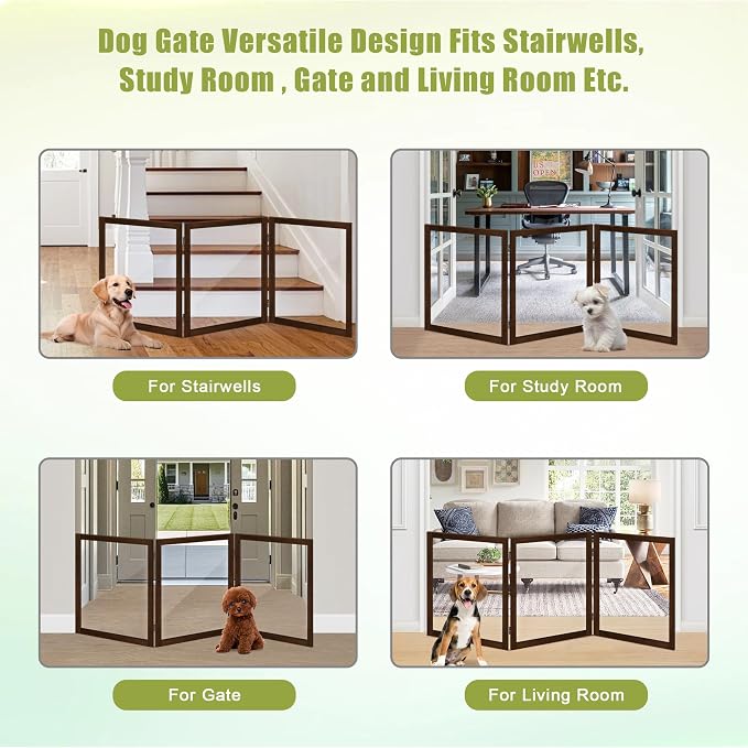 LZRS Clear Dog Gate for Indoor Use - Transparent Pet Fence with Solid Hardwood and Plastic Board, Stylish & Durable freestanding Pet Gate for Doorways, Stairs and Hallways-3 Panel Brown