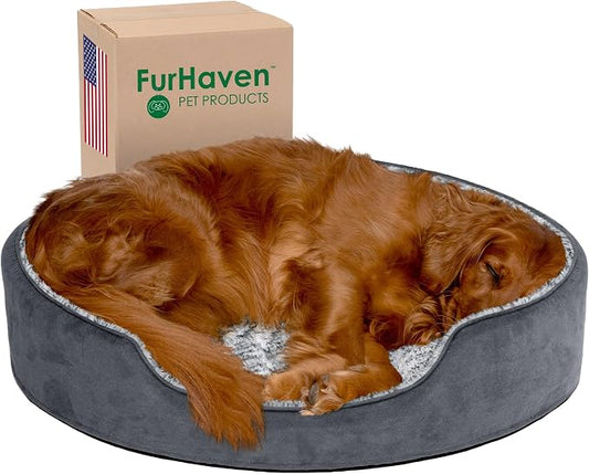 Furhaven Dog Bed for Large Dogs w/ Removable Washable Cover & Pillow Cushion Insert, For Dogs Up to 55 lbs - Two-Tone Faux Fur & Suede Oval Lounger - Gray, XL/Extra Large