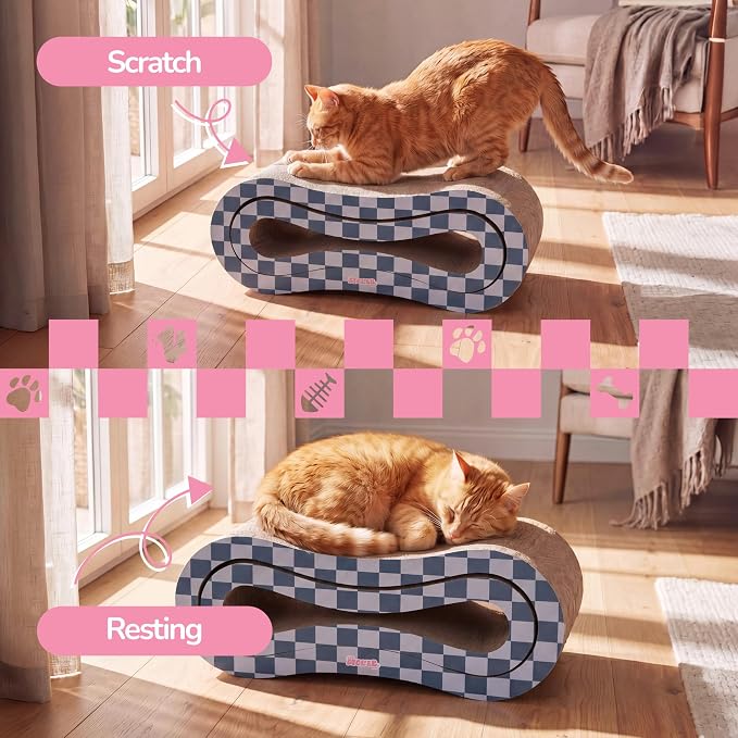 Suvi 26" Modern Cardboard Infinity 2-in-1 Lounge Bed Cat Scratcher with Catnip, Navy/Blue Checker, Corrugated Surface and Tunnel for Indoor Cats CSR1014J