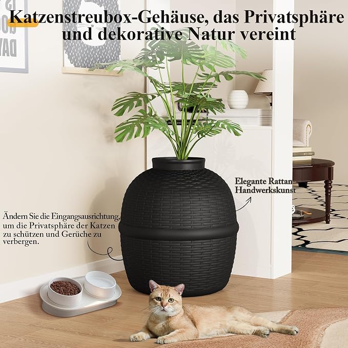 Wisteria Lane Cat Litter Box, Hidden Enclosure with Faux Plant & Rattan Pattern, Cat Bed & Litter Box 2-in-1, Heavy Duty PP Litter Box Enclosure for Living Room, Bedroom, Corner, Laundry Room, Black