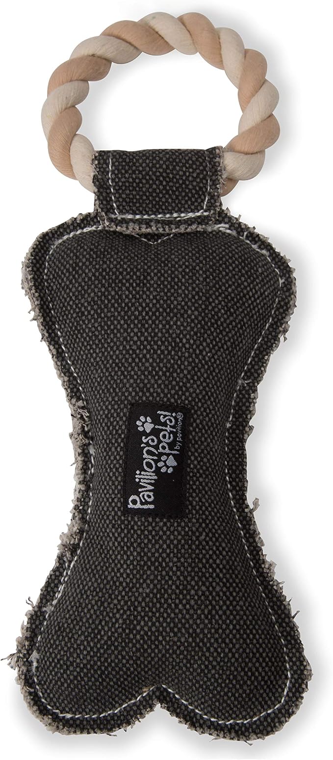 Pavilion Gift Company 45609 Pavilion's Pets-Gray Bone Canvas and Rope Dog Squeaky Toy-I Dig YouDog Toy, Large Breed