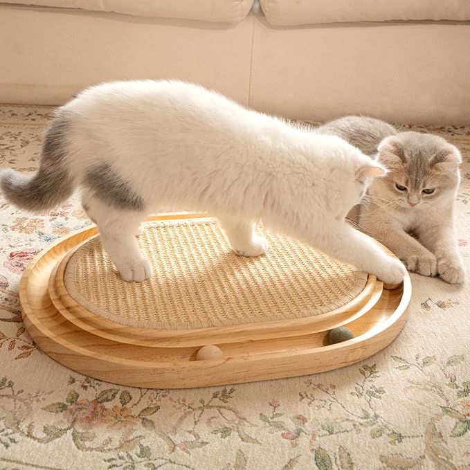 CHEERHOME PETS Cat Scratcher, Sisal Scratching Pad for Indoor Wooden Interactive Cat Puzzle Toy with Ball for Kitten Mental Stimulation Self Play Home Enrichment and Physical Exercise