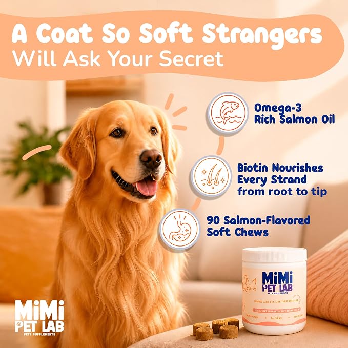 Skin and Coat Supplement for Dogs - Wild Alaskan Salmon Oil Soft Chews with Omega 3 EPA DHA, Zinc & Biotin - Dog Skin Support for Itchy Skin, Shedding & Shiny Coat - 90 Salmon Chews