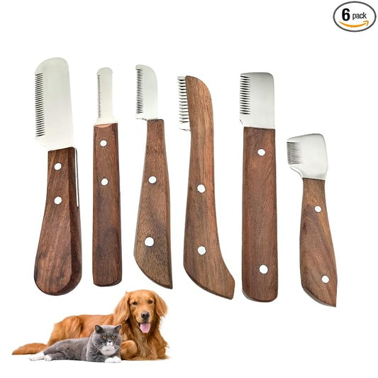 Professional Stripping Knife Kit for Dogs & Pets – 6 Piece Grooming Set with Wooden Handle – Pet Grooming Tools for Hand Stripping & Deshedding
