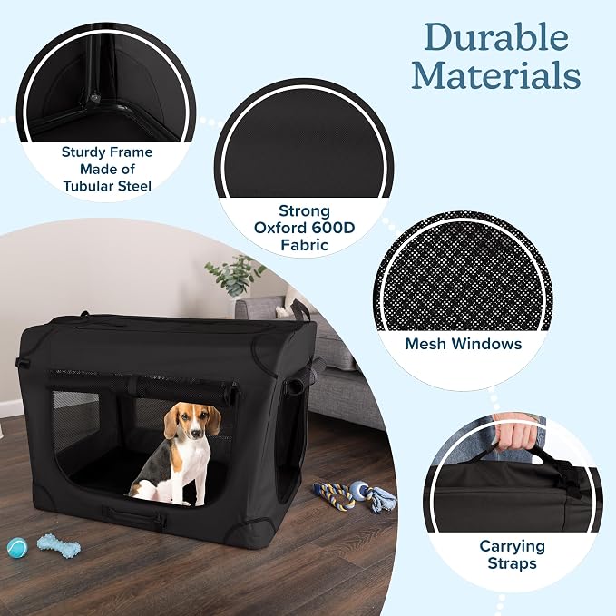 Soft Dog Crate - 32x23.25x23 Collapsible Dog Crate for Medium Pets - Portable Travel Pet Crate with 3 Doors, Mesh Windows, and Removable Divider - Travel Accessories by PETMAKER (Black)