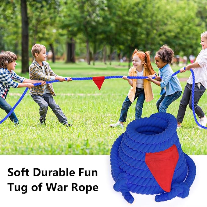 Tug of a War Rope for Kids and Adult, Tag o War Ropes with Flag for Outdoor, Outside Carnival, Lawn, Field, Team Building Game, Safety Cord for School and Church, Blue 45FT