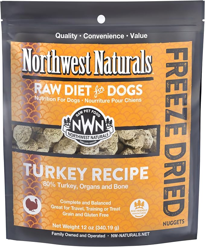 Northwest Naturals Freeze-Dried Turkey Dog Food - Bite-Sized Nuggets - Grain-Free, High-Protein, Raw Diet, Human-Grade, Limited Ingredients, All Natural, Healthy & Nutritious, Made in USA, 12 Oz