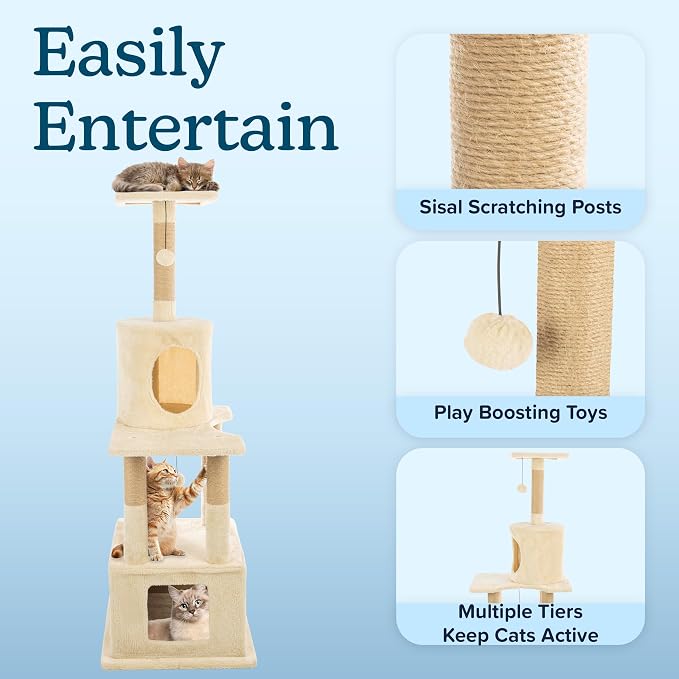 57” Tall Cat Tree Tower - Cat Tower with 2 Kitten Condos, Napping Perch, 5 Rope Scratching Posts, and 2 Hanging Toys - Multi-Level Kitten Tree and Climbing Activity Furniture by PETMAKER (Beige)