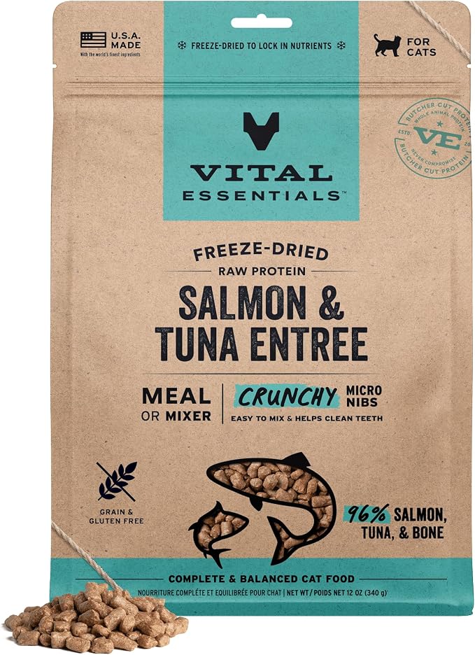Vital Essentials Freeze Dried Cat Food, Raw Protein Salmon & Tuna Micro Nibs | Complete Meal or Mixer | 96% Meat, Organs & Bone | High Protein, Low Carb, Grain Free, Dry Cat Food | 12 oz