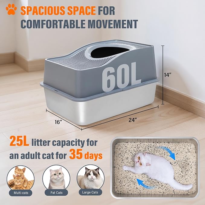 Top Entry Cat Litter Box with Lid, Stainless Steel Enclosed Cat Kitty Litterbox, Top Loading Large Metal High Side Litter Pan Tray Box Enclosure Easy Cleaning Anti-Leakage