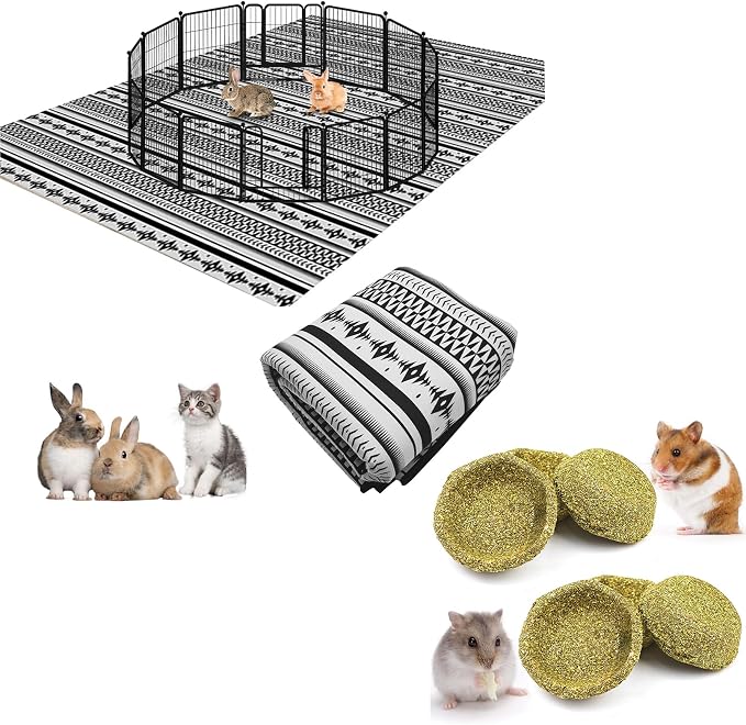 BNOSDM 91" X 63" Black&White Rabbit Cage Liners Washable Reusable Bunny Bedding Pets Dog Whelping Pads and 6PCS Hamster Edible Premium Timothy Hay Chew Bowl Bundle