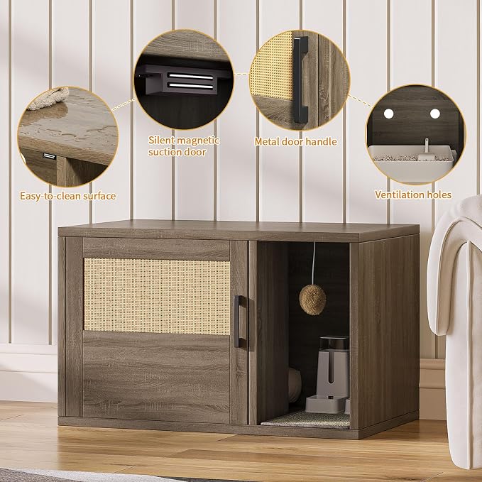 Cat Litter Box Enclosure, Hidden Litter Box Furniture with Door & Bell, Pet House Fit Most of Litter Box, Oak Gray
