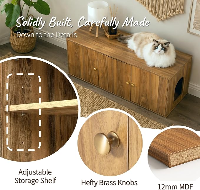 Cat Litter Box Enclosure Furniture with Storage, Hidden Litter Box Cabinet 42.5"L x 18.5"W x 16.9"H Double as Cat House TV Stand End Table for Living Room, Midcentury Modern Style (Oak, Plain Doors)