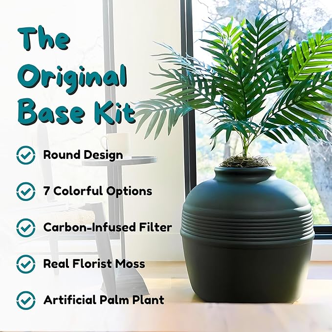 Good Pet Stuff Original Hidden Litter Box Planter, Decorative Cat Litter Enclosure, Carbon Filter, Faux Plant, Round Design, Easy to Clean, Base Kit, Palm Plant, Charcoal Black