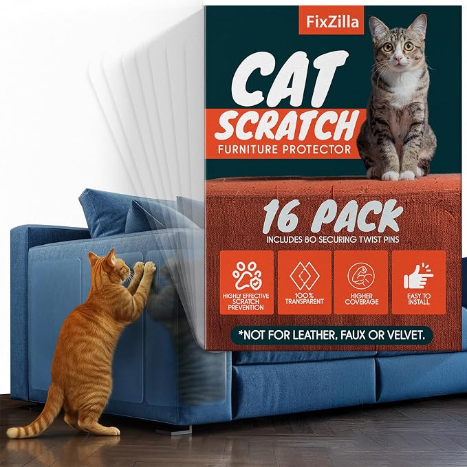 FixZilla Anti Cat Scratch Furniture Protector, 16-Pack Couch Protector from Cat Claws – Heavy-Duty, Easy-to-Apply Scratching Deterrent and Shield for Sofa Corners, Walls, Doors- with 80 Twist Pins