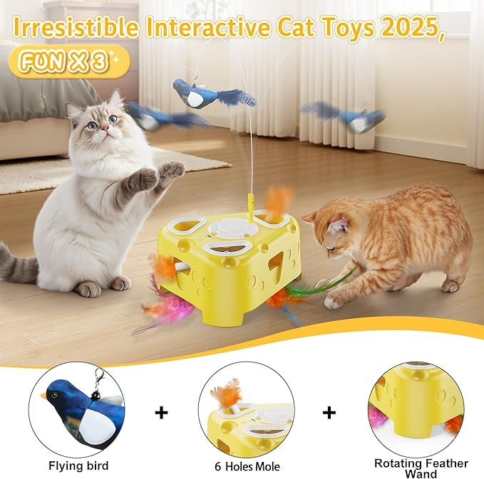 Automatic Cheese-Shaped Interactive Cat Toy – Flying Bird, 6-Hole Mole & Rotating Feather | USB Rechargeable Electronic Feather Toy for Indoor Adult Cats & Kittens, Relieves Boredom