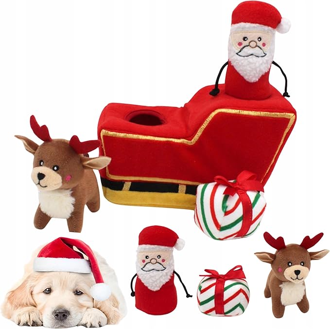 ZippyPaws Burrow Christmas Dog Toy - Plush Squeaky Holiday Dog Gifts for Small & Medium Puppy Dogs, Interactive Hide & Seek Stocking Stuffers for Pets - Santa's Sleigh with Reindeer