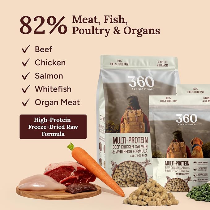 360 Pet Nutrition Freeze-Dried Raw Dog Food – Multi-Protein with Beef, Chicken, Fish & Organs, High Protein, Omega-3s, Fruits, Veggies & Superfoods, Grain-Free, No Filler 4 x 16 oz Made in USA