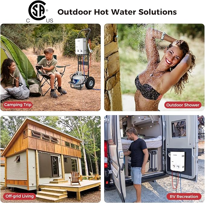 CAMPLUX Portable Propane Water Heater & Pump Kit, 1.32 GPM Tankless Gas Shower System with 12V Pump, Long Power Cables & Extension Hoses, Instant Hot Water for Off-Grid Camping, RV, AY132P43, White