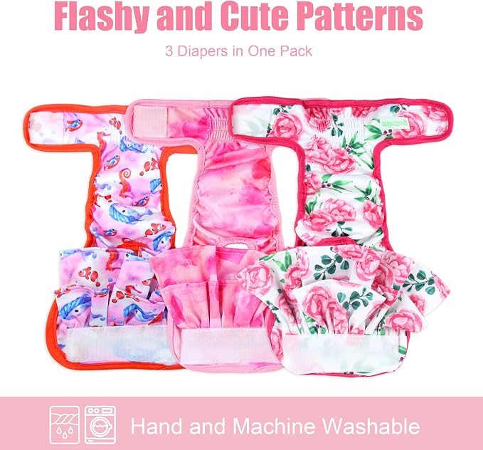 wegreeco Washable Dog Diapers Female (3 Pack), Highly Absorbent Dog Diapers for Female Dogs in Heat, Period, Incontinence, or Excitable Urination (Ocean of Flowers, Small)