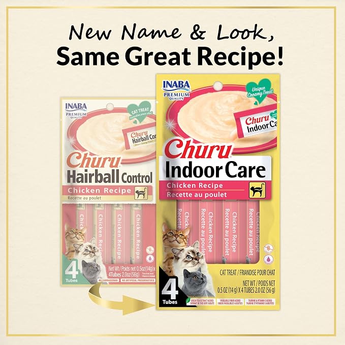 INABA Churu Indoor Care for Hairball Control, Functional Lickable Cat Treat with Taurine & Green Tea Extract, 0.5oz Each, 24 Tubes Total, Chicken Recipe