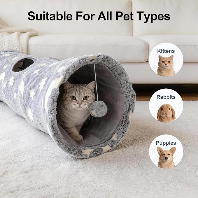 PAWISE Cat Tunnel for Indoor Cats, Glow in Dark Cat Tunnels with Pop-Up, 3-Way Collapsible Cat Play Tunnel Toy for Cats Kittens Rabbits, with Hanging Ball & Bell