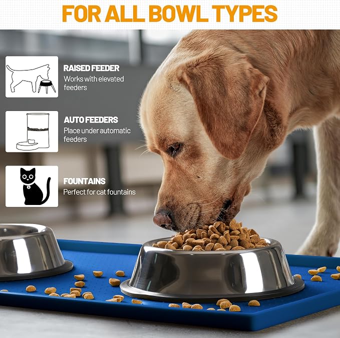 Hubulk Dog Feeding Mat,100% Waterproof BPA Free Silicone Pet Food and Water Bowl Placemat,Dishwasher, High Raised Edge to Prevent Spills,Nonslip Tray to Stop Messes on Floor (24"x16"x0.5", Navy)
