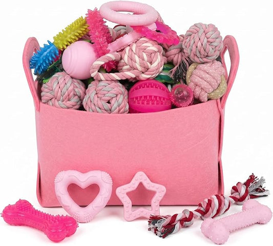 Puppy Toys Set - 20 Pack Pink Dog Chew Toys for Teething Small Breeds - Tough Rope Toys for Puppies, Cute Soft Rubber Toys Bundle with Basket for Girl Pets