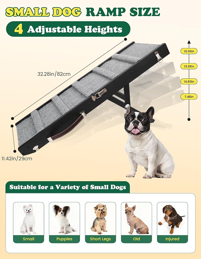 Dog Ramp Dog Stairs for Small Dogs Foldable Ramps with 4 Adjustable Heights from 7.48'' to 15.35" Wood Pet Stairs with Non Slip Carpet Portable Puppy Ramps for Couch, Sofa, Low Bed (Black)