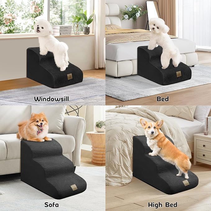 Mestuel Dog Stairs for Couch Bed Sofa, 3-Tiers Dog Stairs Ramp for Small Old Dogs Cats, Pet Stairs Steps with Gentle Slope &Non Slip Bottom/Machine Washable Cover, Black