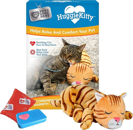 HuggieKitty by Pets Know Best- Cuddly Cat Toy, Soothing Sound & Warmth Help Relax & Comfort Your Pet- Purr & Heartbeat, Heating Pack- Orange