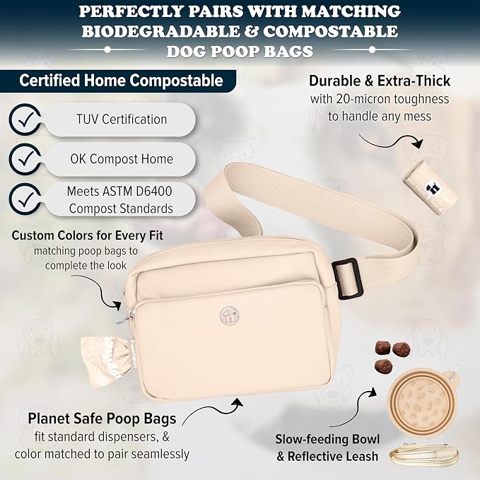 Puppington 3-in-1 Crossbody Dog Walking Bag & Treat Pouch for Pet Training - Matching Compostable Poop Bags, Built-In Poop Bag Dispenser & Slow-Feeding Travel Bowl (Vanilla Cream)