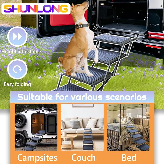 Extra Wide Dog Ramp for Car Truck and SUV Dog Stairs for Large Dogs Folding Pet Stairs with Non-Slip Rug Surface Supports Up to 280 lbs (Wide 6 Steps)