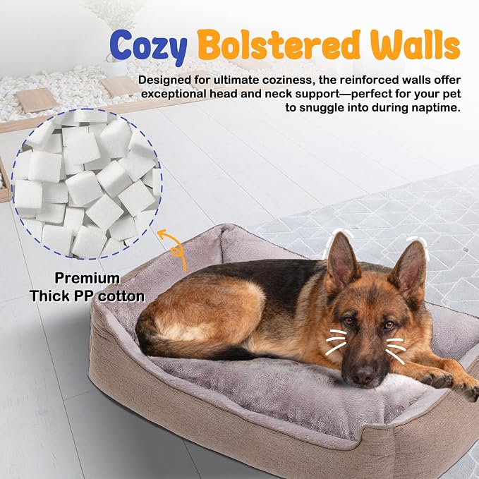 Makigued Rectangle Dog Bed for Large Size Dog with Removable Washable Cover Pet Bed with Bolster Sides Non-Slip Bottom Pet Sofa Waterproof Lining Durable Pet Cuddler, Light Brown, 35x 26x 7.5 in